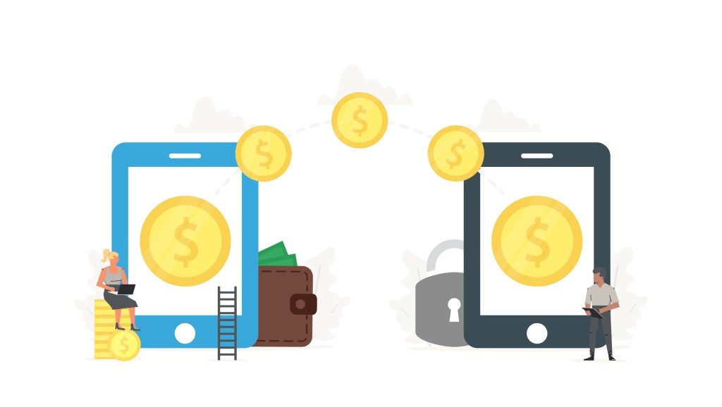 Illustration of two people with mobile phones sending coins to each other.